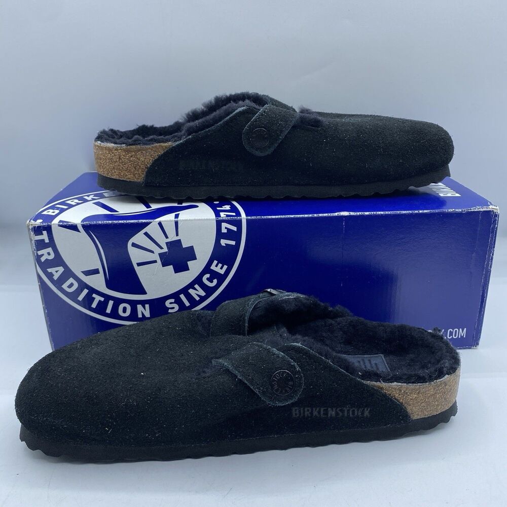 Birkenstock Boston Sandals Shearling Lined Womens 7 EU 38 Black Boho Casual NWB